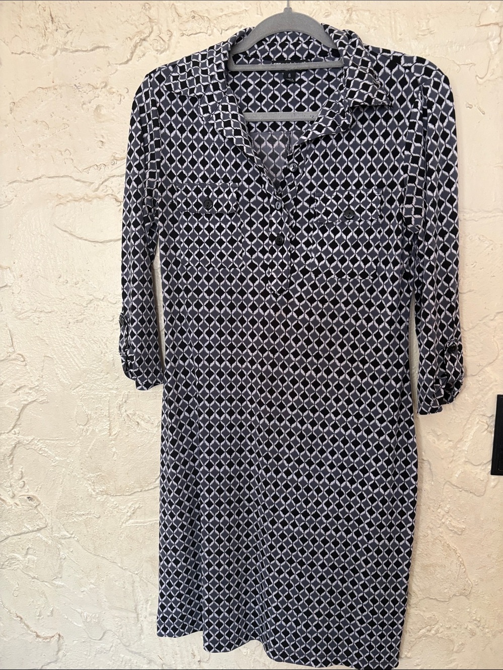 Carole Little Black and Gray Geometric Pattern Shirt Dress